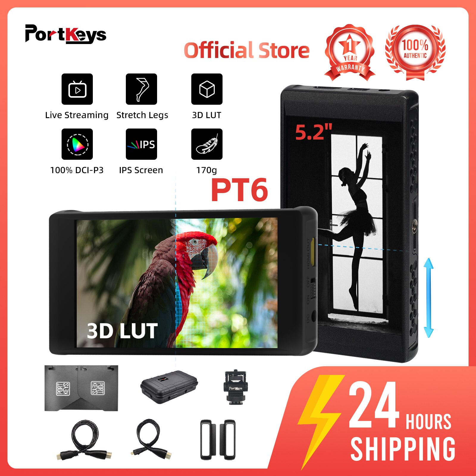 Portkeys PT6 4K ī޶ ʵ , 5.2 ġ HDMI IPS ġ ũ , ̺ Ʈ , ٸ ƮĪ 3D LUT DSLR ī޶
